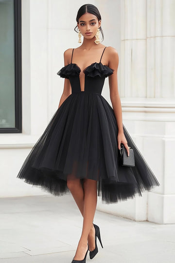 Black A Line Spaghetti Straps Tulle Graduation Dress